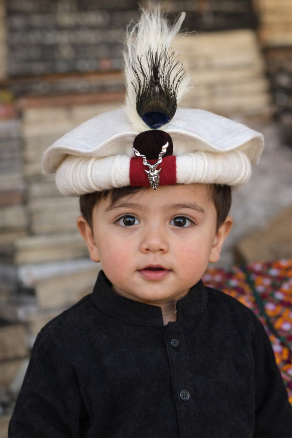 Handmade Chitrali Cultural Cap for Kids | Traditional Pakol with Feather & Markhor Badge