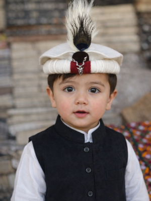 Handmade Chitrali Cultural Cap for Kids | Traditional Pakol with Feather & Markhor Badge