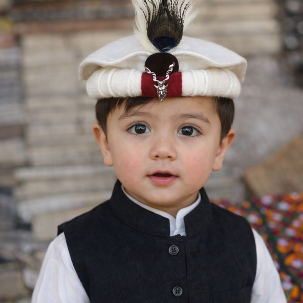 Handmade Chitrali Cultural Cap for Kids | Traditional Pakol with Feather & Markhor Badge