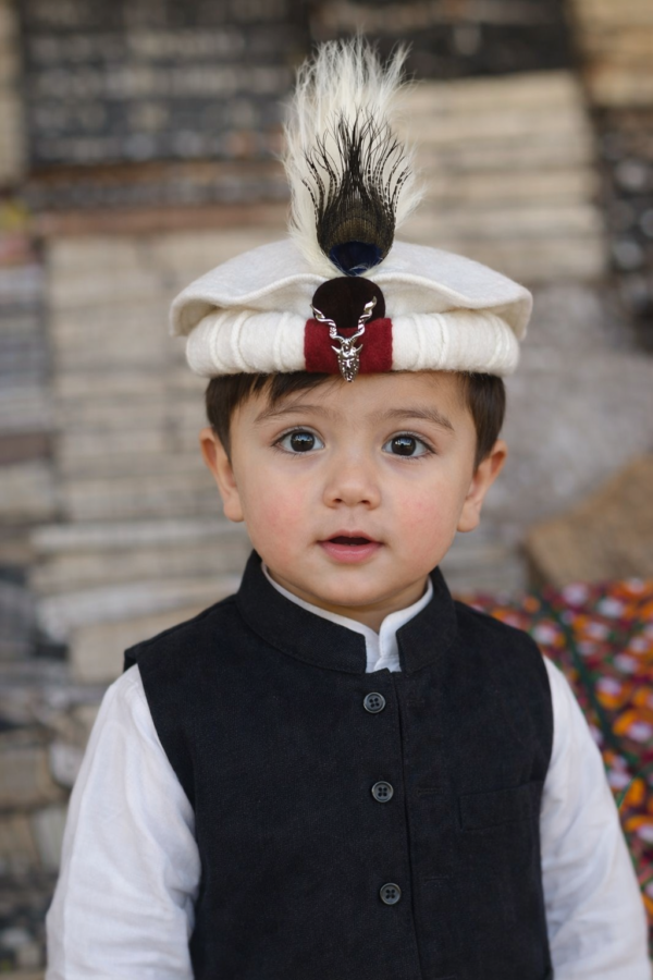 Handmade Chitrali Cultural Cap for Kids | Traditional Pakol with Feather & Markhor Badge