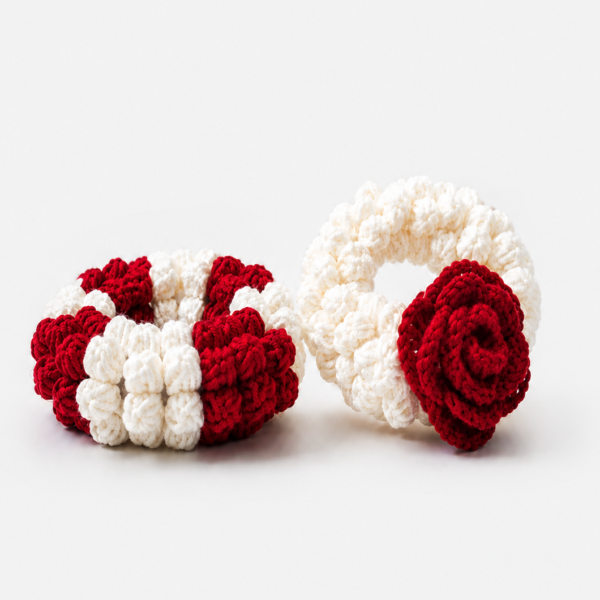 Handmade Crochet Gajra for Girls & Women – Reusable Forever Floral Hair Accessory (Red & White Rose Design)